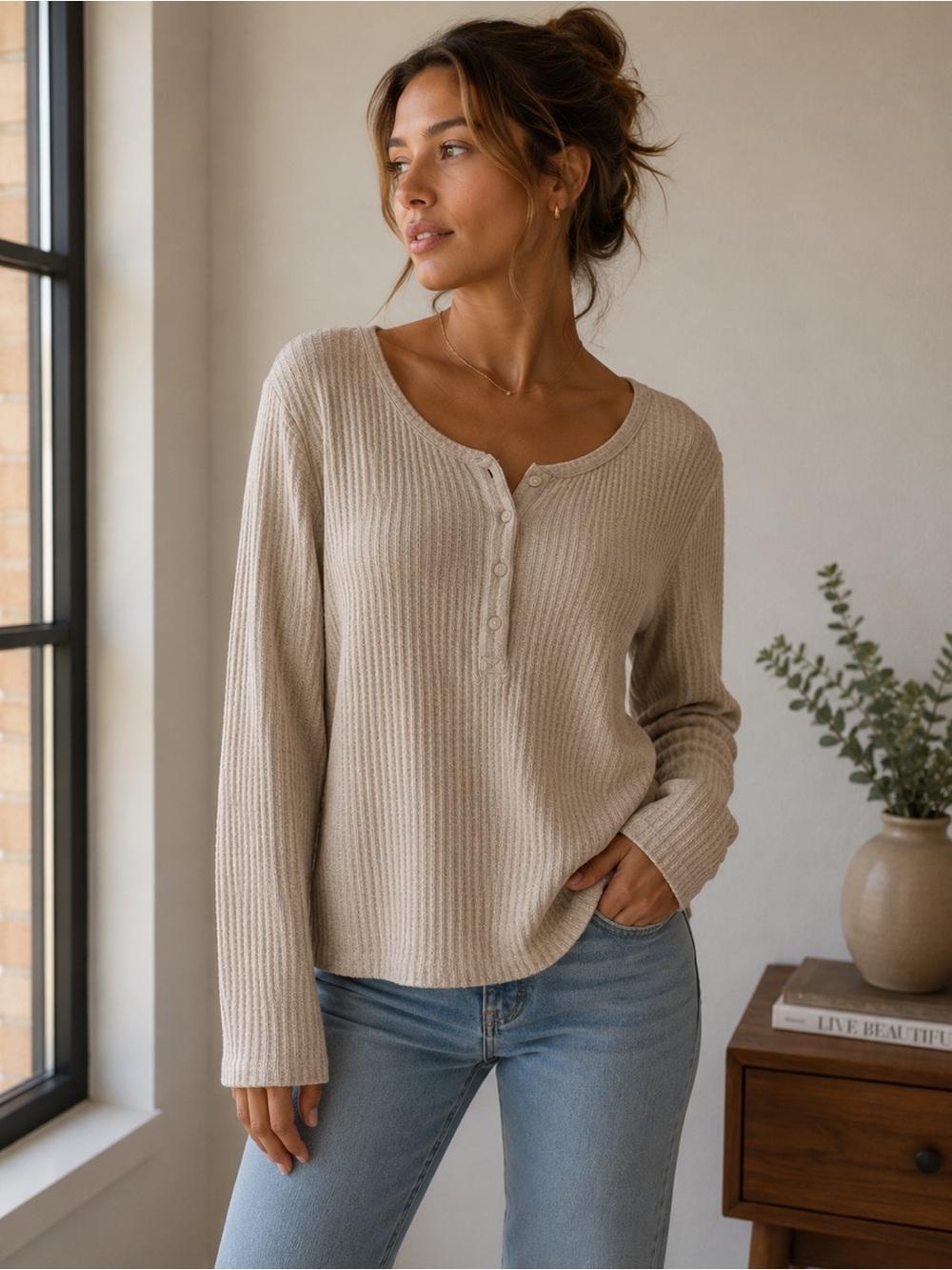 J. Crew Neutral Beige Waffle Henley Top